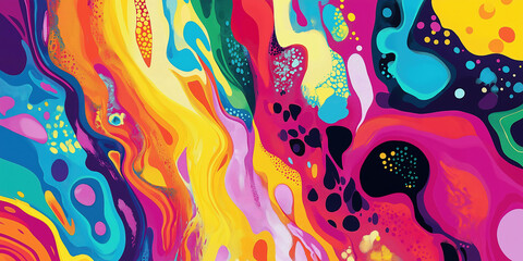 Colorful abstract painting featuring vivid and vibrant swirling patterns and textures