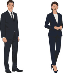 Two professionals in formal business attire standing confidently, ideal for corporate fashion, workplace visuals, and business presentation content