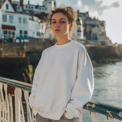 Young woman standing on a seaside pier with traditional white houses in view