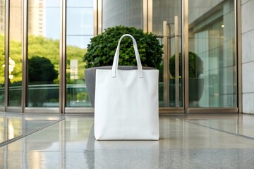 Elegant white tote bag standing outside modern building entrance