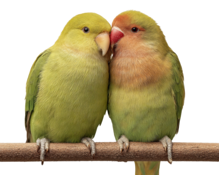 Lovebirds cuddling on a perch PNG, cut out, isolated on transparent background