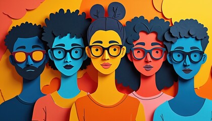 Fototapeta premium Paper cut-out illustration shows diverse group of people wearing glasses. Modern art style with multicultural representation highlights teamwork, communication, community spirit. Vibrant colors,