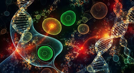 A vibrant depiction of interconnected cells and DNA strands, showcasing a complex interplay of colors and shapes, emphasizing the intricate mechanisms of life.