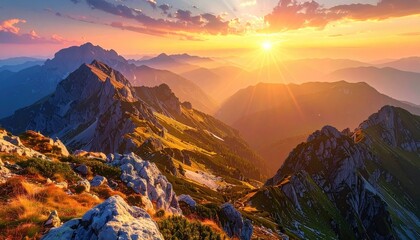 Minecraft Inspired Mountain Range Panorama at Sunset with Pixelated Landscape in Warm Golden Light and Orange Hues Digital Art