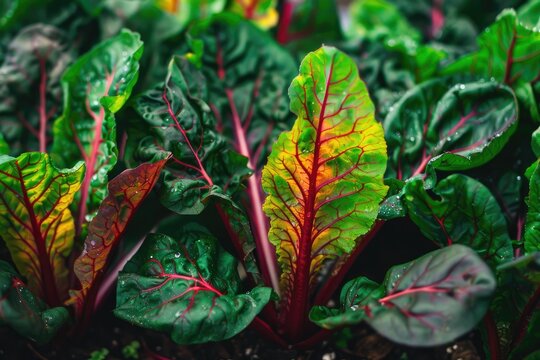 A close-up shot reveals vibrant, dew-kissed leaves of chard, displaying a spectrum of deep greens, reds, and yellows. The rich colors and textures are showcased in detail against a dark soil backdrop