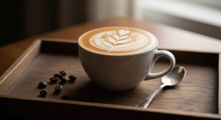 Latte art in a white cup on a wooden tray, accompanied by coffee beans and a spoon, near a window