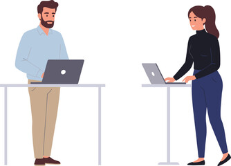 Two professionals working on laptops at standing desks, ideal for remote work, digital collaboration, and modern workplace visuals