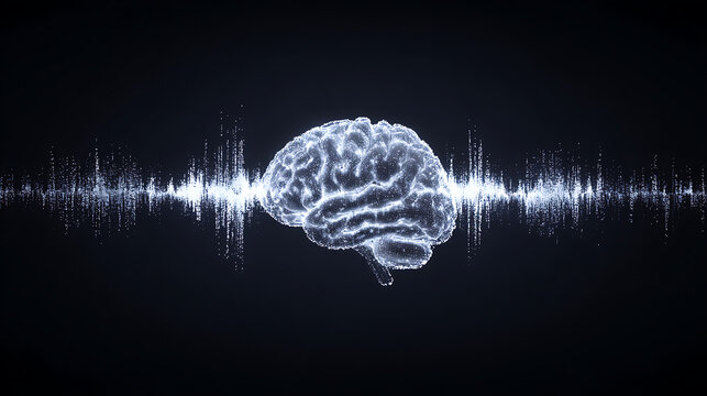 Digital brain with sound wave visualization on dark background - Powered by Adobe