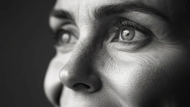 A close-up portrait of a woman's face in black and white, showing her nose, eye, and expressionless demeanor.