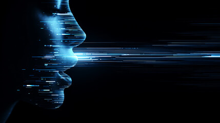Digital silhouette of a human face with glowing blue data streams and futuristic interface elements