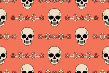 A pattern of skulls and flower chain links on a coral background creating a seamless repeating design