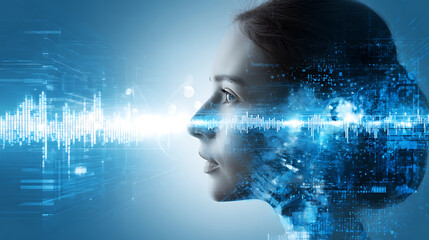 Digital profile of a woman with sound waves and data streams overlaying her face, symbolizing artificial intelligence and technology integration.