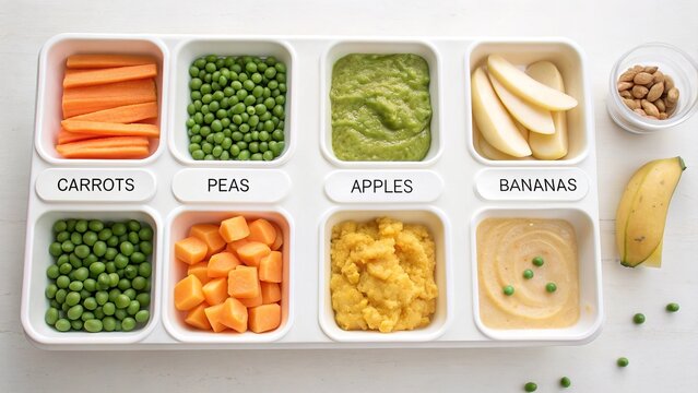 Delightful presentation of first foods on a labeled tray inviting exploration and discovery for little ones