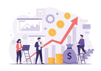Modern Business Team Planning Financial Growth Strategy – Flat Style Vector Illustration with Charts, Graphs, Money Bag, Coins, Laptop, Arrow, Office Elements – Editable Design for Presentation.