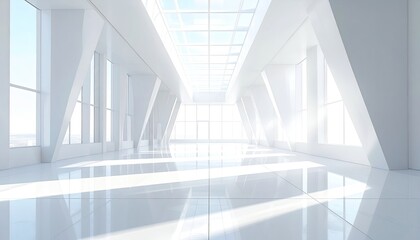 Obraz premium Minimalist White Interior with Geometric Support Beams and Skylight