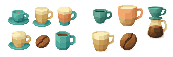 Geometric low poly coffee cups, mugs, espresso, latte, and coffee beans set on a clean white background