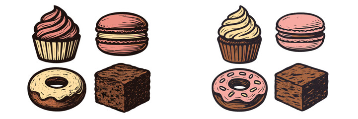 Delicious selection of popular sweet treats including frosted cupcakes, colorful macarons, glazed donuts, and rich brownies