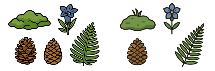 Stylized forest elements featuring green bushes, blue flowers, brown pinecones, and green ferns