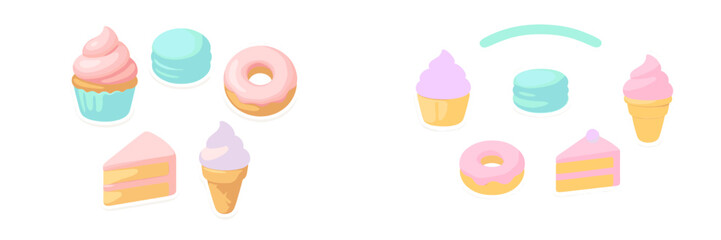 Assortment of sweet pastel desserts including cupcakes, macarons, donuts, cake slices, and ice cream cones