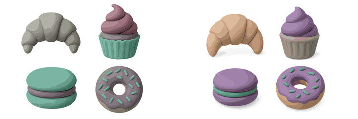 Playful assortment of colorful sweet treats including croissants, cupcakes, macarons, and donuts with soft textures