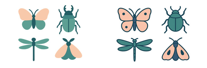 Assortment of various stylized flying and crawling insects including butterflies, beetles, dragonflies, and moths in a modern artistic style