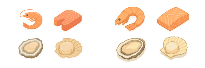 Isometric fresh seafood collection featuring salmon fillets, shrimp, oysters, and scallops for culinary and healthy food concepts