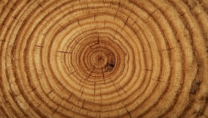 A detailed close-up view of a tree trunk's cross-section, showcasing the distinct growth rings and wood grain.  The warm, golden tones and intricate patterns create a natural, organic aesthetic.