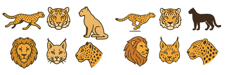 Diverse collection of wild feline animals including cheetah, tiger, lion, lynx, leopard, and puma in various poses and headshots