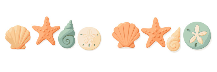 Variety of pastel colored seashells starfish and sand dollars marine life objects arranged horizontally on a clean white background