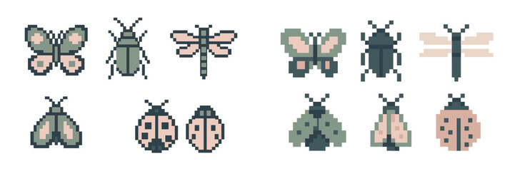 Charming pixel art insect collection featuring butterflies, beetles, dragonflies, moths, and ladybugs in a retro style © icon_art