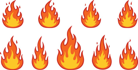 Cartoon fire elements in various shapes and sizes on transparent background