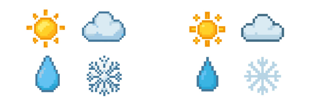 Retro pixel art style weather icons featuring sun cloud raindrop and snowflake elements for forecast applications