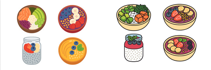 Collection of healthy breakfast and lunch bowls with fresh fruits, vegetables, and grains for nutritious meals