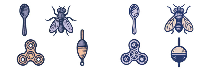 Collection of everyday objects including spoons, flies, fidget spinners, and fishing bobbers with textured style