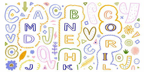 Whimsical hand drawn alphabet letters and decorative elements in a playful abstract pattern