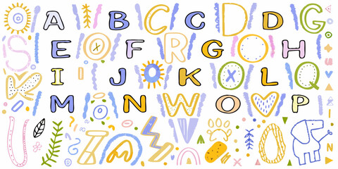 Whimsical hand drawn alphabet letters with cute decorative elements and animals