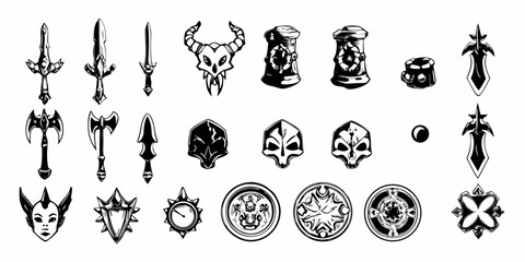 Collection of fantasy game icons and assets featuring weapons skulls and emblems