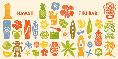 Vibrant hawaii tiki bar tropical island vacation elements collection © Anik