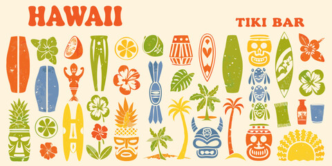 Retro hawaiian tiki bar illustration with tropical elements and surfboards