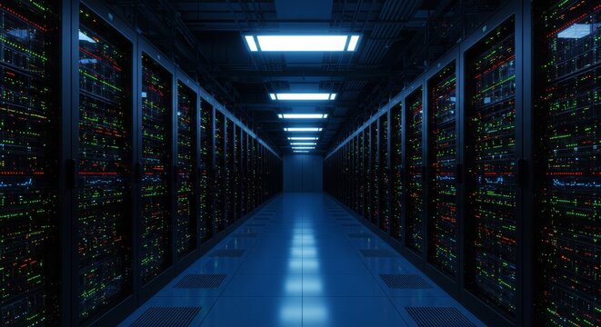 Data center with glowing servers and blinking lights. - Powered by Adobe