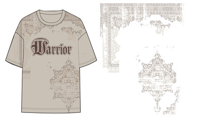 Unisex oversized t-shirt design featuring bold gothic “Warrior” lettering with vintage distressed textures and ornamental patterns. Beige neutral tones create a grunge-inspired urban streetwear look.
