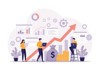 Modern Business Team Planning Financial Growth Strategy – Flat Style Vector Illustration with Charts, Graphs, Money Bag, Coins, Laptop, Arrow, Office Elements – Editable Design for Presentation.