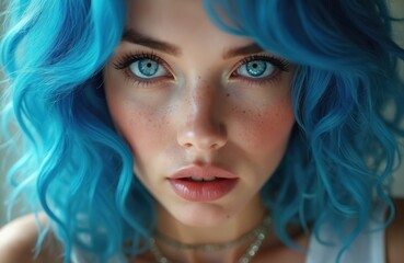 Fototapeta premium Close-up of young woman with vibrant blue wavy hair. Model with bright blue eyes, freckles. Fashion and beauty concept. Creative coiffure for commercial use.