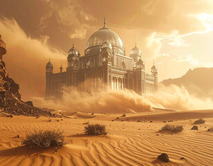 Artistic Fantasy Desert Palace Amidst Sandstorm Digital Art Illustration