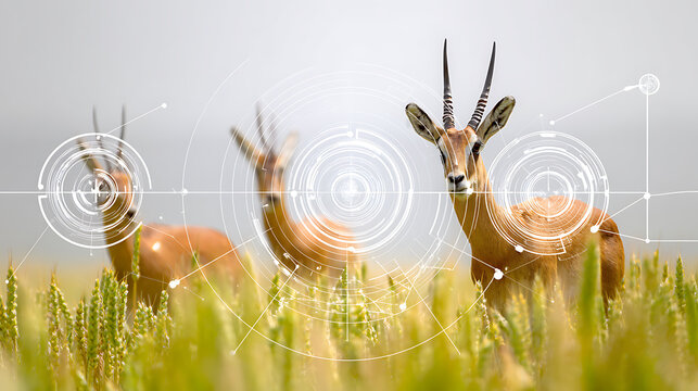 Antelopes in a grassy field with digital overlay graphics - Powered by Adobe
