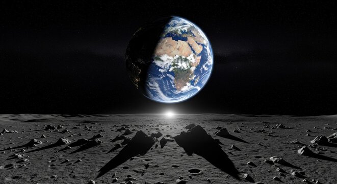 A half-illuminated Earth hangs in the inky blackness of space, viewed from a lunar surface dotted with craters casting long shadows, a sunrise glow illuminating the horizon