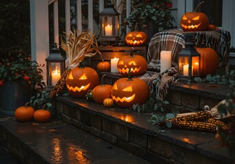 Obraz premium Cozy Autumn Porch Steps with Pumpkins, Lanterns, Corn and Blanket on Wet Stone at Night