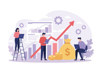 Modern Business Team Planning Financial Growth Strategy – Flat Style Vector Illustration with Charts, Graphs, Money Bag, Coins, Laptop, Arrow, Office Elements – Editable Design for Presentation.