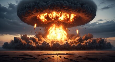 Atomic A massive mushroom cloud rises dramatically from a cracked, desolate landscape under a cloudy, ominous sky