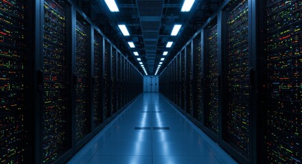 Data center with glowing servers and blinking lights.